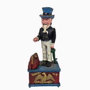 Vtg. Uncle Sam Cast Iron Mechanical Bank Patriotic Design Collectible 11” Tall